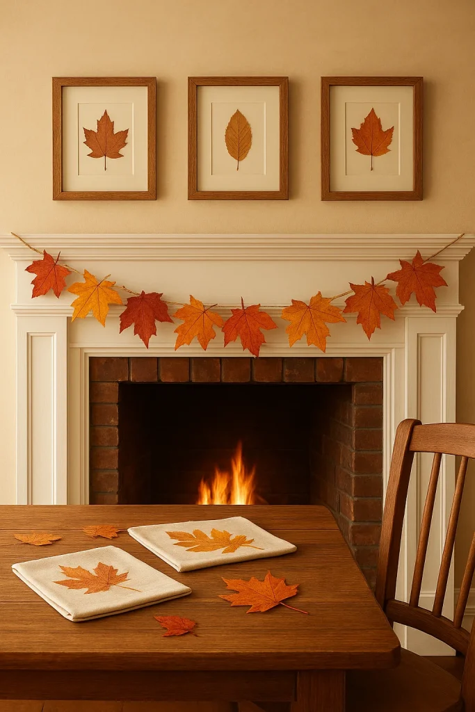 A fireplace mantel decorated with a fall-themed garland of colorful maple leaves, with framed leaf art above and a table with matching placemats in the foreground. 
