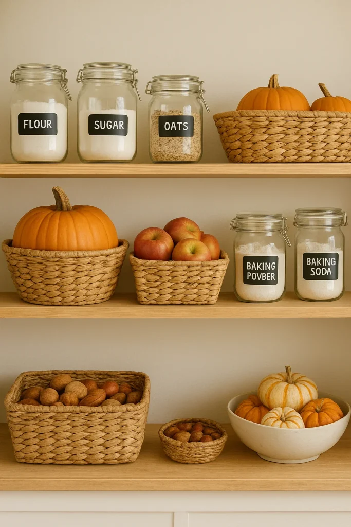 A fall-themed pantry shelf with pumpkins, apples, nuts, and baking ingredients like baking powder and baking soda."