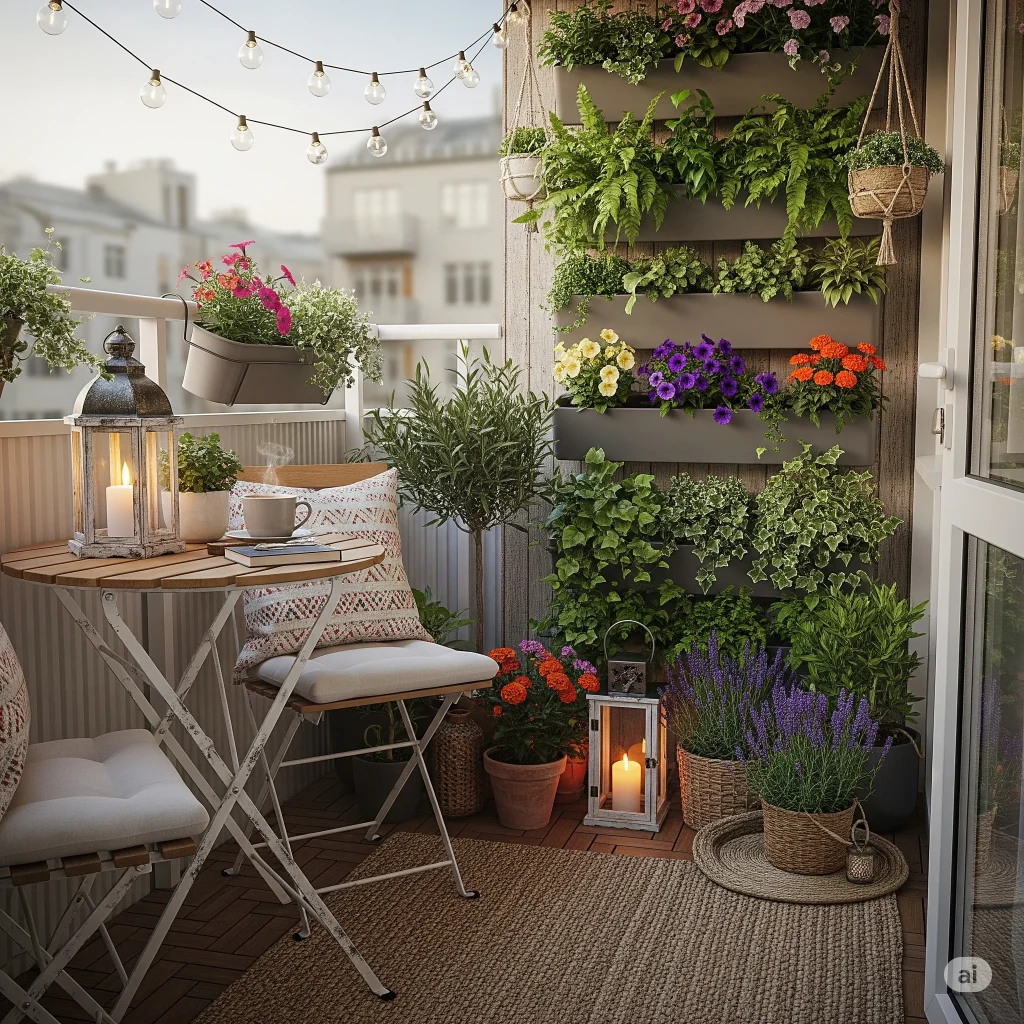 A cozy balcony decorated with string lights, lanterns, plants in vertical planters and pots, and a small table with chairs.