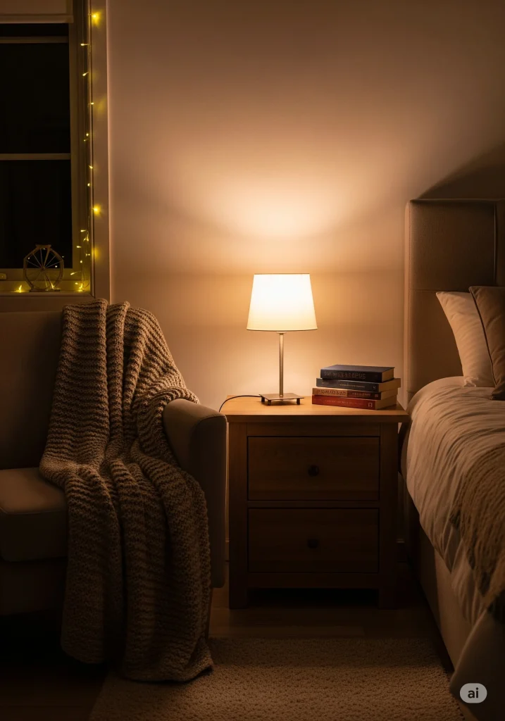 A cozy bedroom scene with a lit table lamp on a nightstand next to a bed and a chair with a blanket.