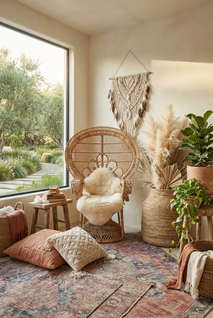 boho-inspired reading corner