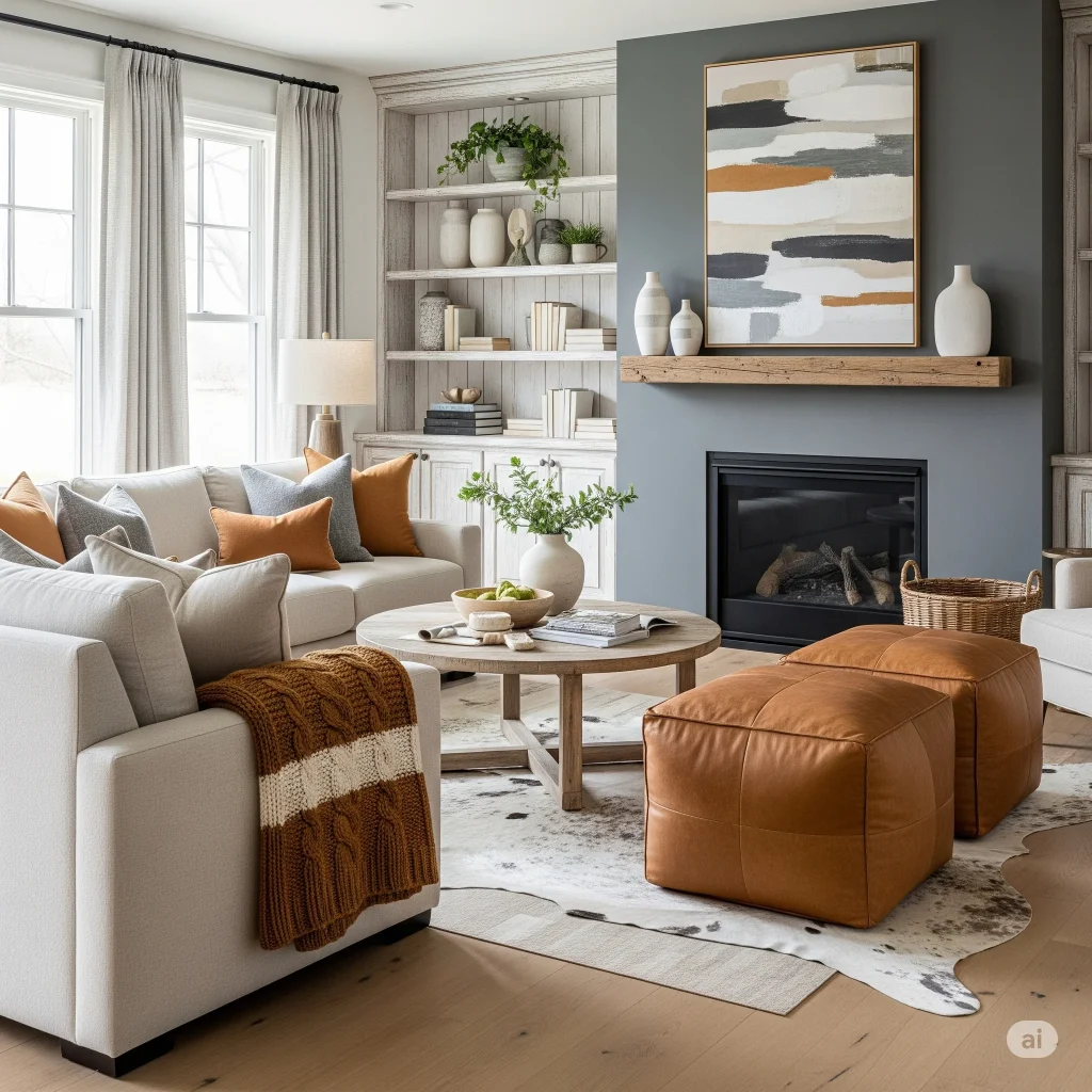 Camel, Cream & Iron Gray colour palette farmhouse living room
