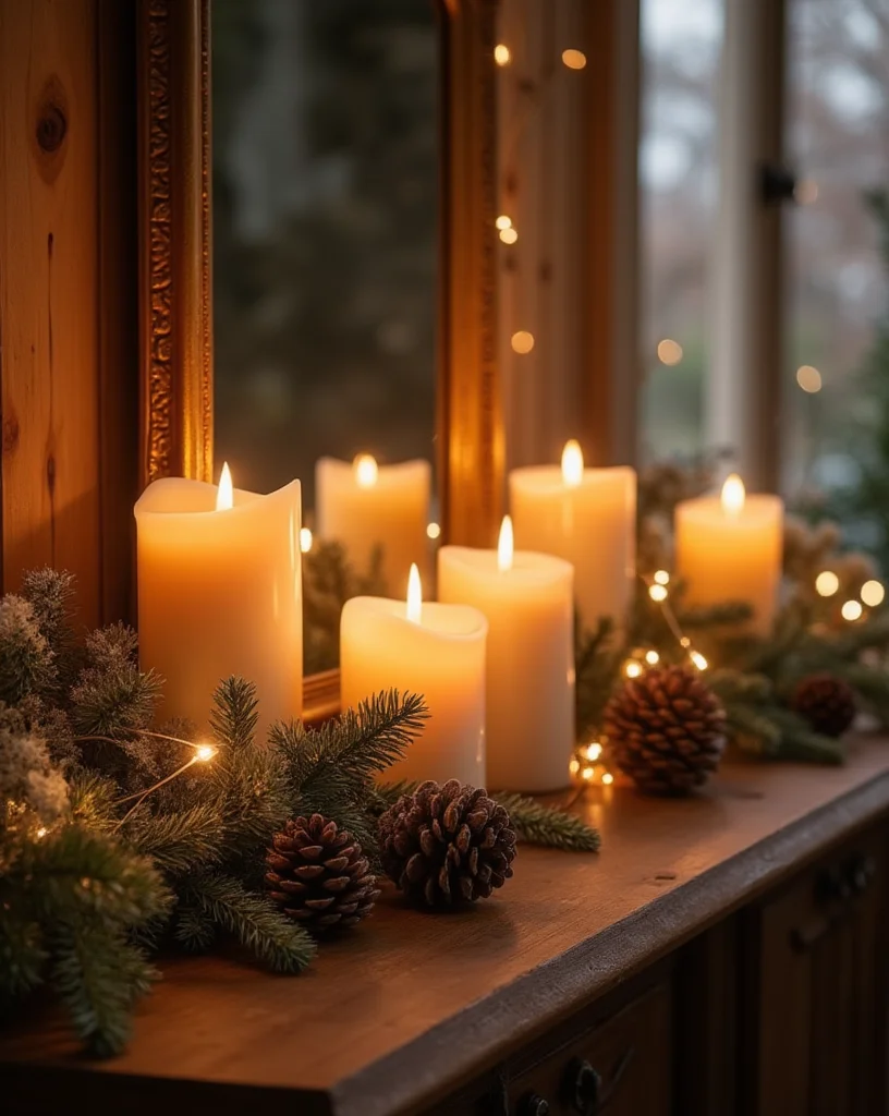 Cozy candle display ideas. Candles with mirror decor for fall and winter season
