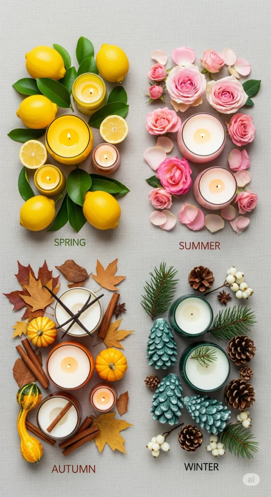 Four quadrants depicting seasonal themes: Spring with lemons and green leaves; Summer with pink roses and petals; Autumn with fall leaves, pumpkins, and cinnamon sticks; and Winter with pinecones, evergreens, and white berries. Each quadrant features candles.