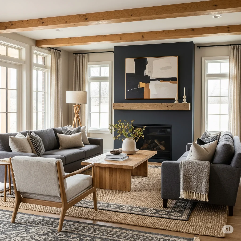 Charcoal, Linen Beige & Honey Wood colour palette farmhouse living room