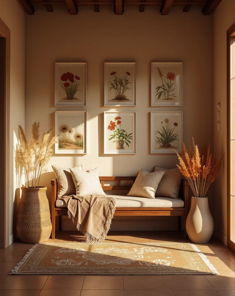 A cozy entryway featuring botanical prints, a wooden bench with pillows and a throw, and tall vases with dried pampas grass. 
