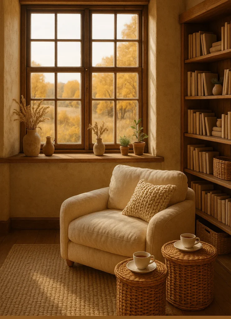 A cozy, sunlit room with an armchair, two side tables with teacups, and a bookshelf, viewed through a window showing autumn foliage.
