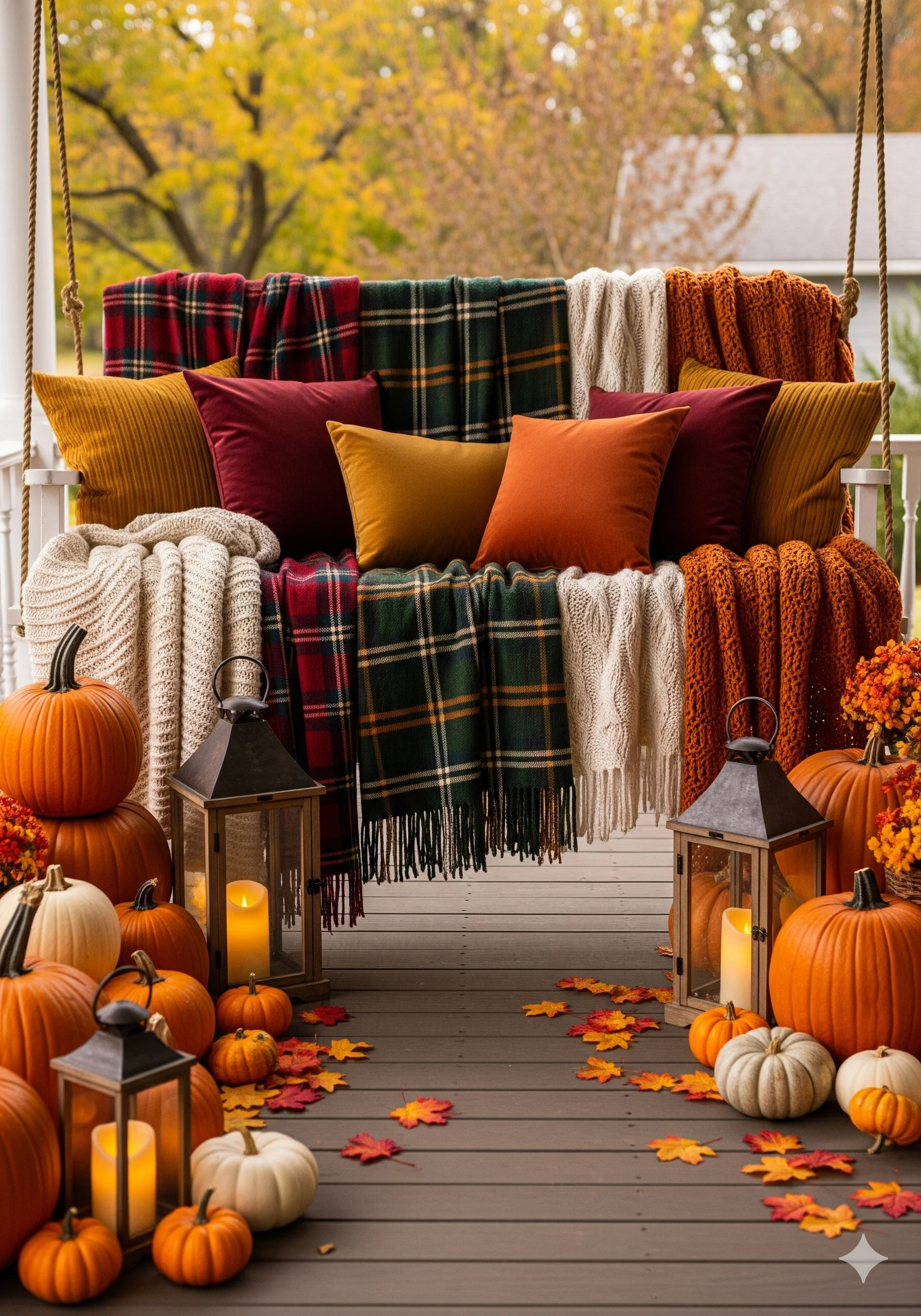 Fall Porch Decor with fall colour throw pillows, pumpkins and lantern