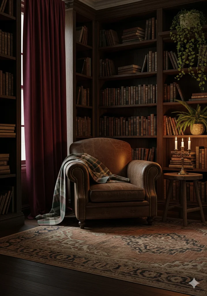 Dark Academia Home Library Reading Nook with Cozy Fall Textiles and Layers