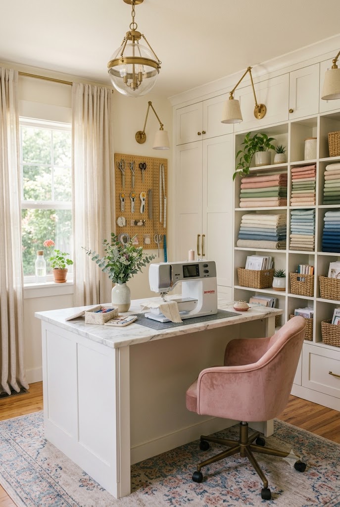 Vertical Shelving elegant sewing room