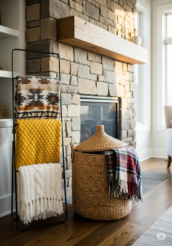 A woven basket with a lid holding a blanket, and a black metal ladder rack displaying multiple folded blankets.