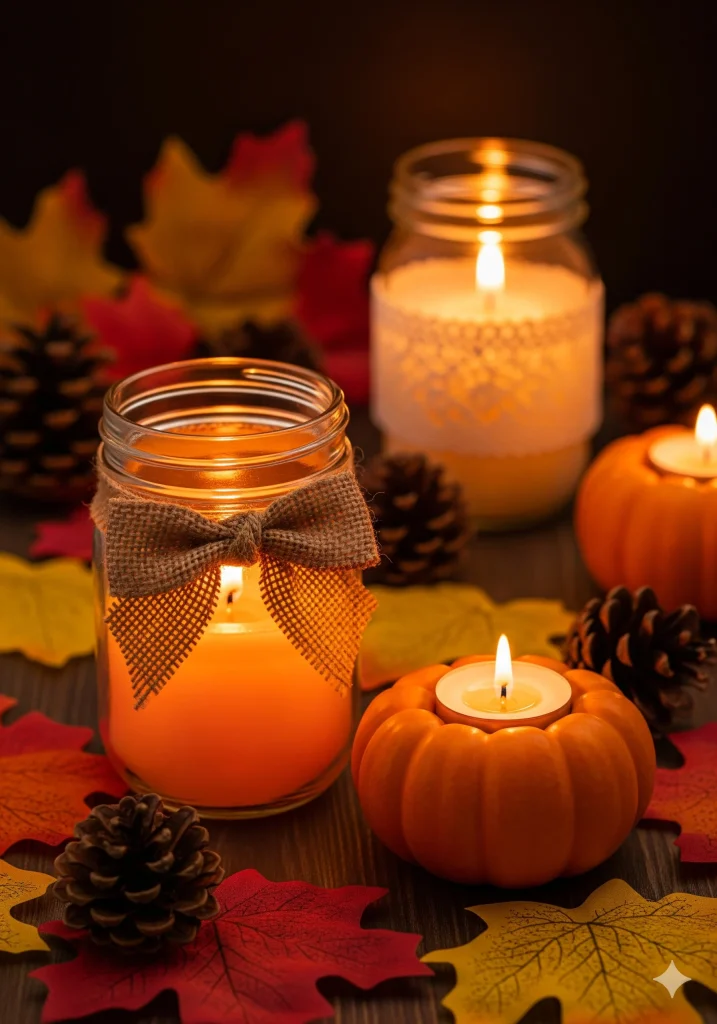 Autumn-themed display with glowing candles in a burlap-decorated mason jar and a pumpkin-shaped holder, surrounded by colorful fall leaves and pinecones on a wooden surface.