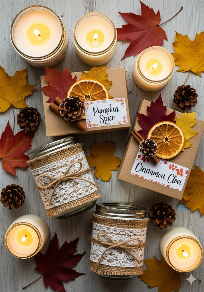 Autumn-themed gift boxes labeled "Pumpkin Spice" and "Cinnamon Clove," surrounded by lit candles, dried leaves, and pinecones, alongside decorative mason jars.