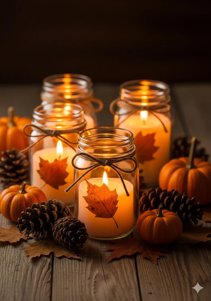 Several lit candles in mason jars decorated with autumn leaves and surrounded by pumpkins and pinecones, creating a cozy fall ambiance. 
