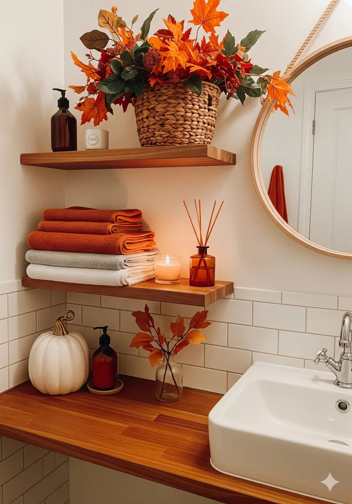 A bathroom corner decorated for fall pumpkin spice candle and fall leaves decor