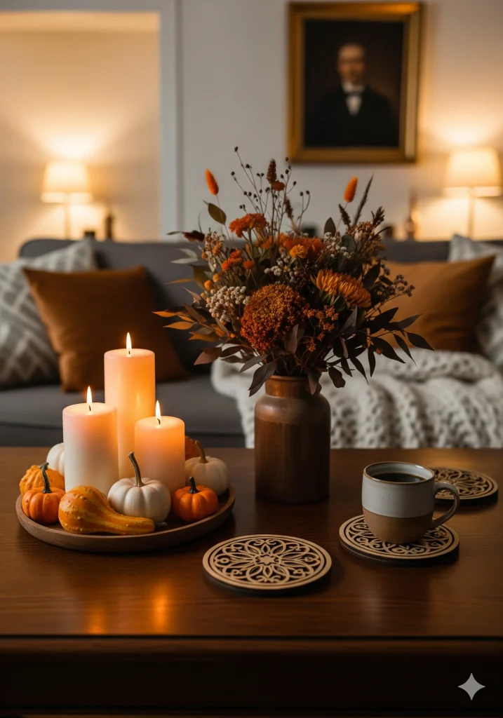 A coffee table styled with fall decor, including candles, pumpkins, gourds, a floral arrangement, and a mug with coasters.
