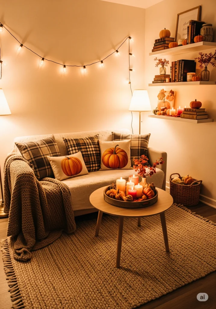 A cozy living room decorated for autumn or Halloween with pumpkins, plaid pillows, string lights, and candles.