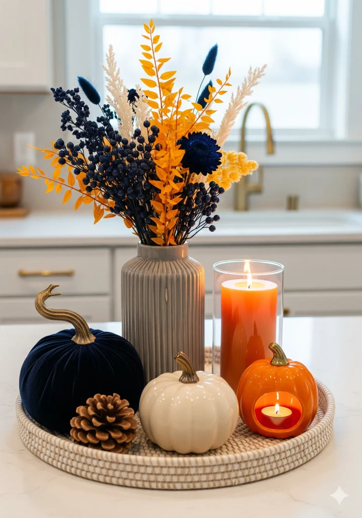 A fall-themed centerpiece featuring pumpkins, candles, a pinecone, and a vase of dark blue and orange decorative branches on a white woven tray.