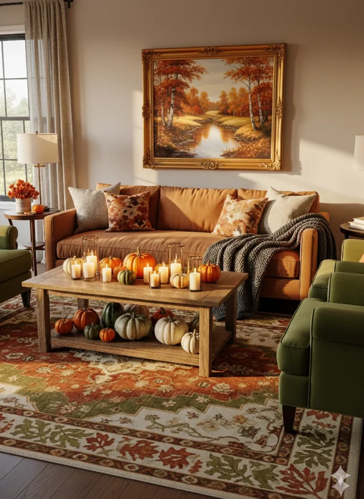A cozy living room decorated for fall, featuring a brown sofa, green armchairs, a coffee table with pumpkins and lit candles, and a large painting of an autumn landscape.