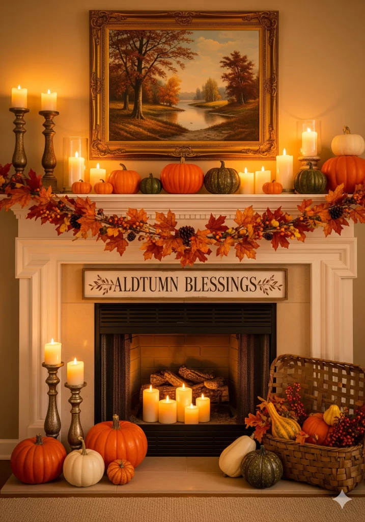 A cozy fireplace mantel decorated for Fall with pumpkins, candles, and autumn garland, featuring a sign that reads "ALDTUMN BLESSINGS". 