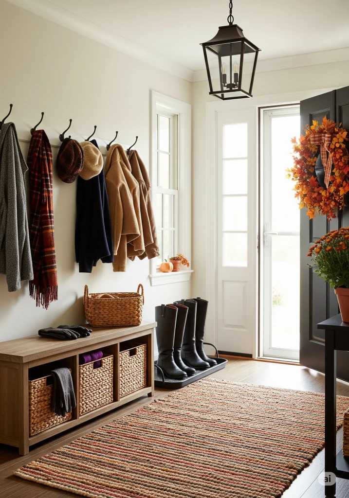 Entryway with coat hooks, bench, baskets, boots, and a fall wreath on the door.