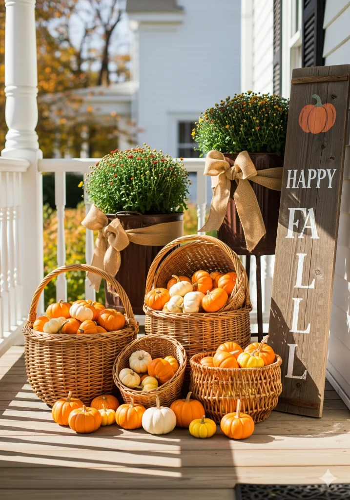 A porch decorated for fall with baskets of pumpkins and gourds, potted mums, and a wooden sign that says "HAPPY FALL".