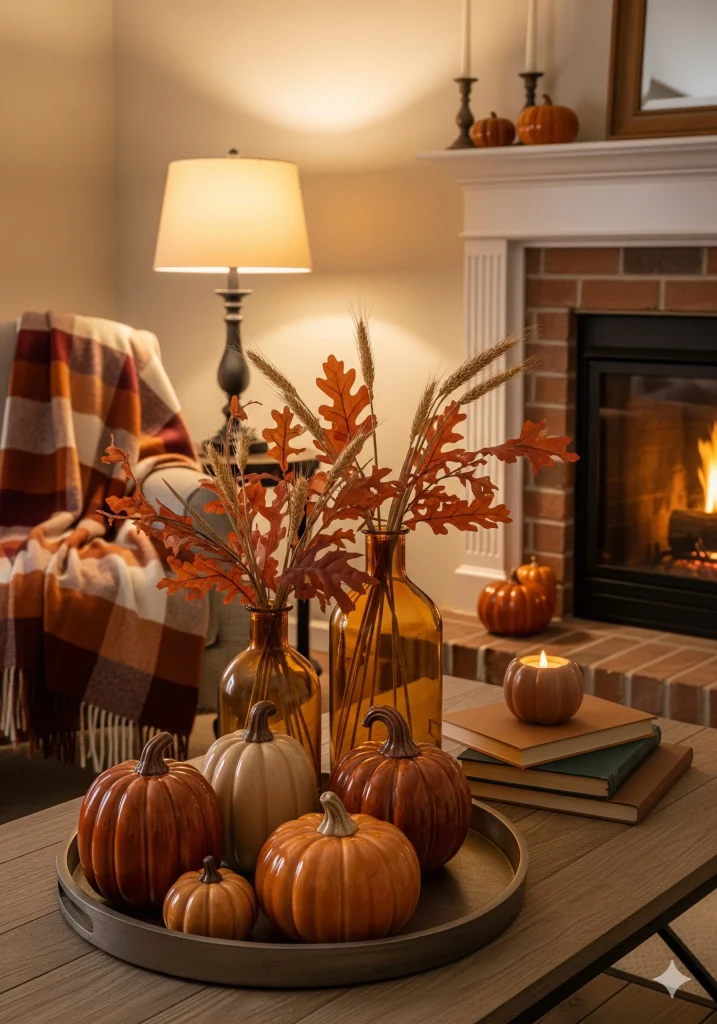 A cozy fall living room scene with pumpkins, fall foliage, and warm lighting around a fireplace.

