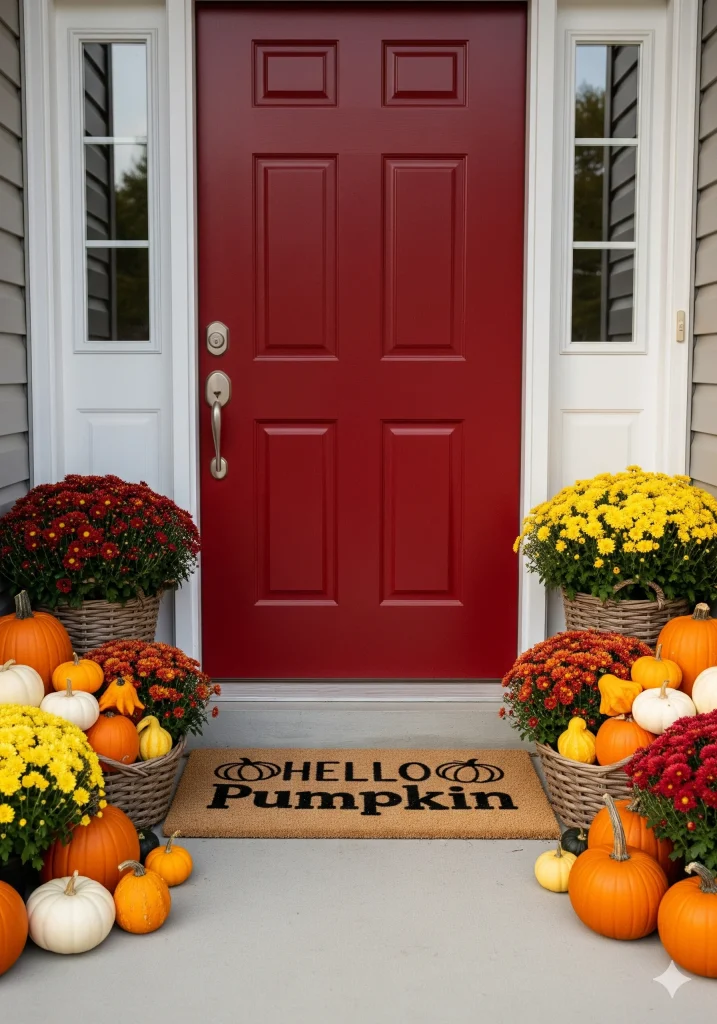 A fall-decorated front porch with a red door, pumpkins, potted mums, and a "Hello Pumpkin" doormat.