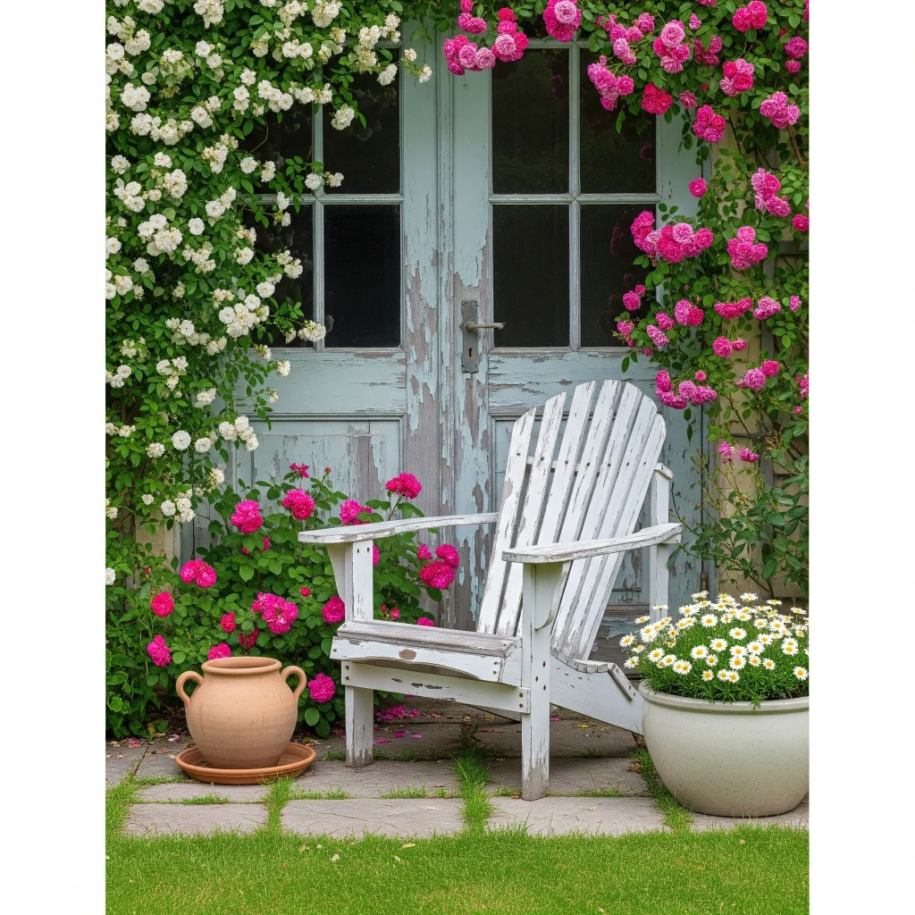 A weathered white Adirondack chair sits before a peeling blue door, flanked by lush pink and white climbing roses and a pot of white daisies.