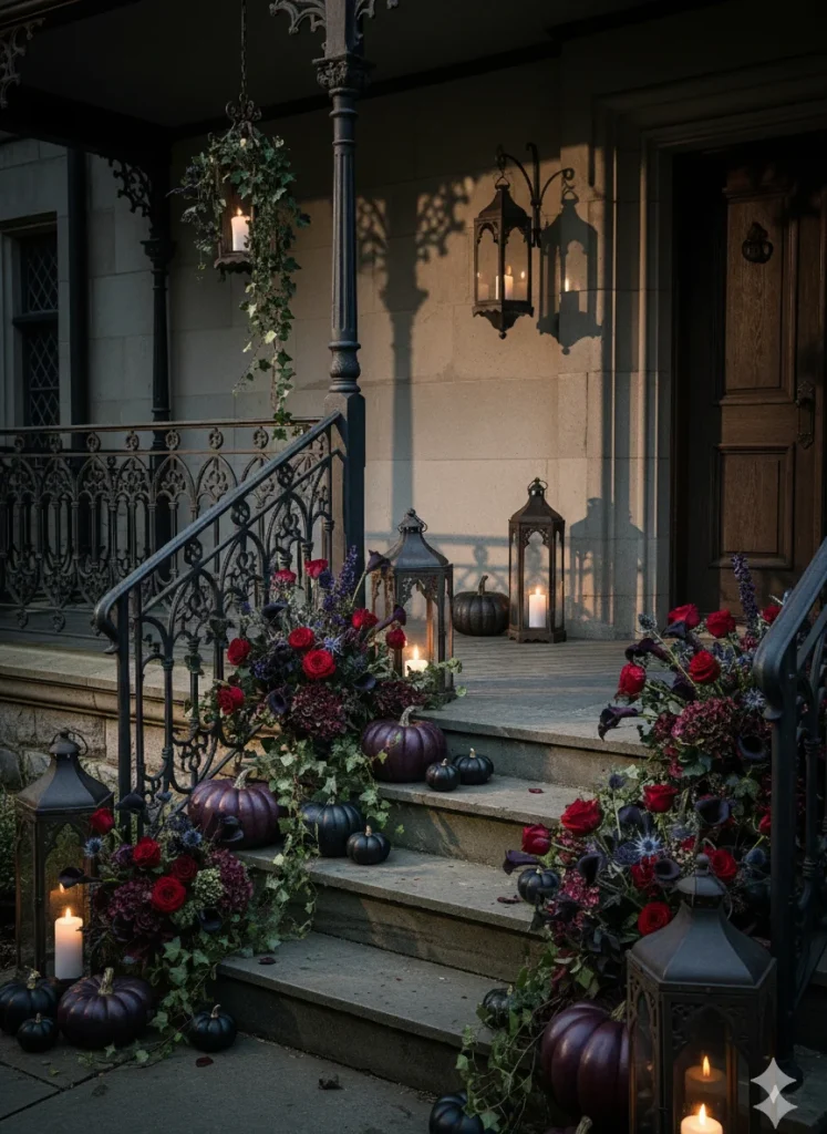 A gothic-style porch decorated for autumn or Halloween with dark-colored pumpkins, red and purple flowers, lanterns with candles, and ivy on railings and steps.