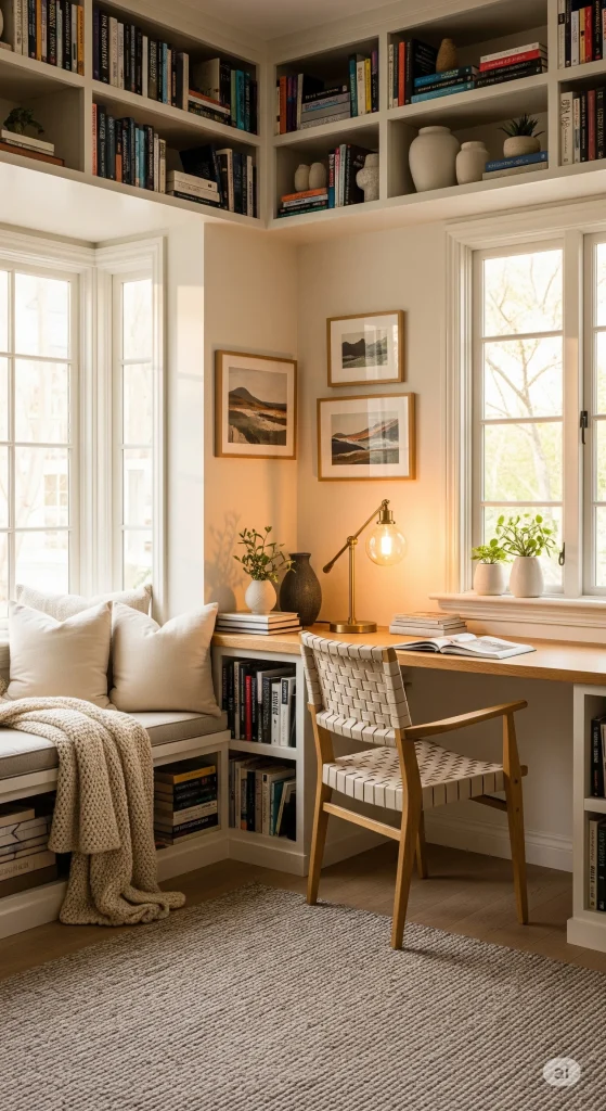 A cozy home office nook features a built-in window seat with pillows and a blanket, next to a wooden desk and woven chair. The desk holds a vintage-style lamp, books, and plants, with framed artwork on the wall above. Built-in bookshelves flank the desk and extend above the window seat, filled with books and decorative items. Natural light streams in from large windows, creating a bright and inviting workspace.