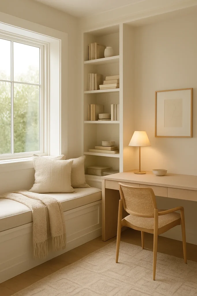 A cozy reading nook with a window seat, built-in bookshelves, and a desk with a chair and lamp.