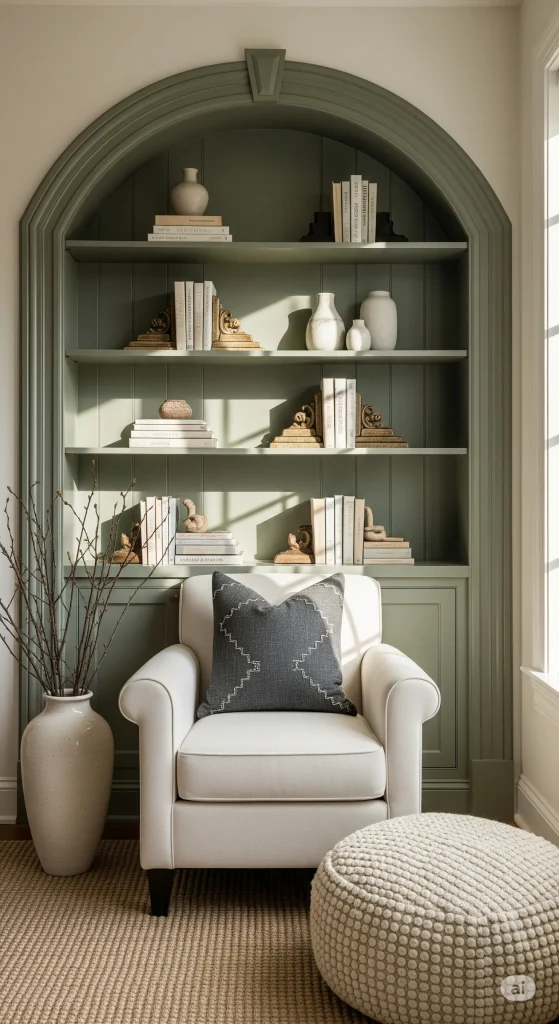 A built-in arched bookshelf in a muted green color, filled with books and decorative vases, with a white armchair and a dark patterned pillow in front.