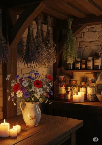 A room is like storage room or garden shed where Flowers hanging upside down for Air drying, mason jars on open shelving filled with dried flowers and vase filled with wild flwers and candle lighting giving cozy vibes