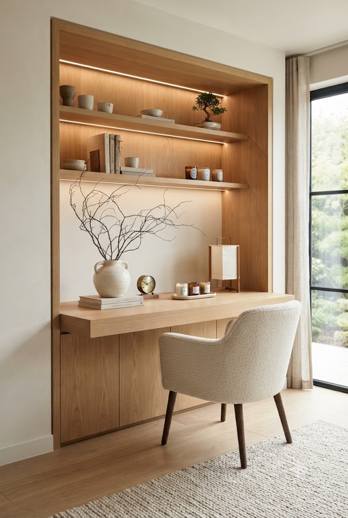 The Warm and sophisticated Japandi-style built-in home office alcove nook