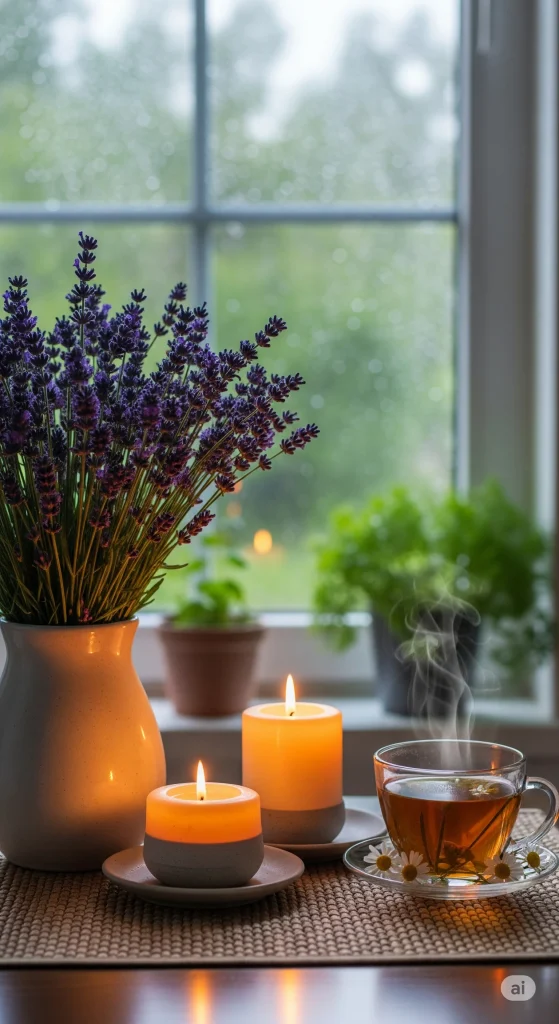 A cozy scene with lit candles, a cup of steaming tea, and lavender in a vase by a window. 
