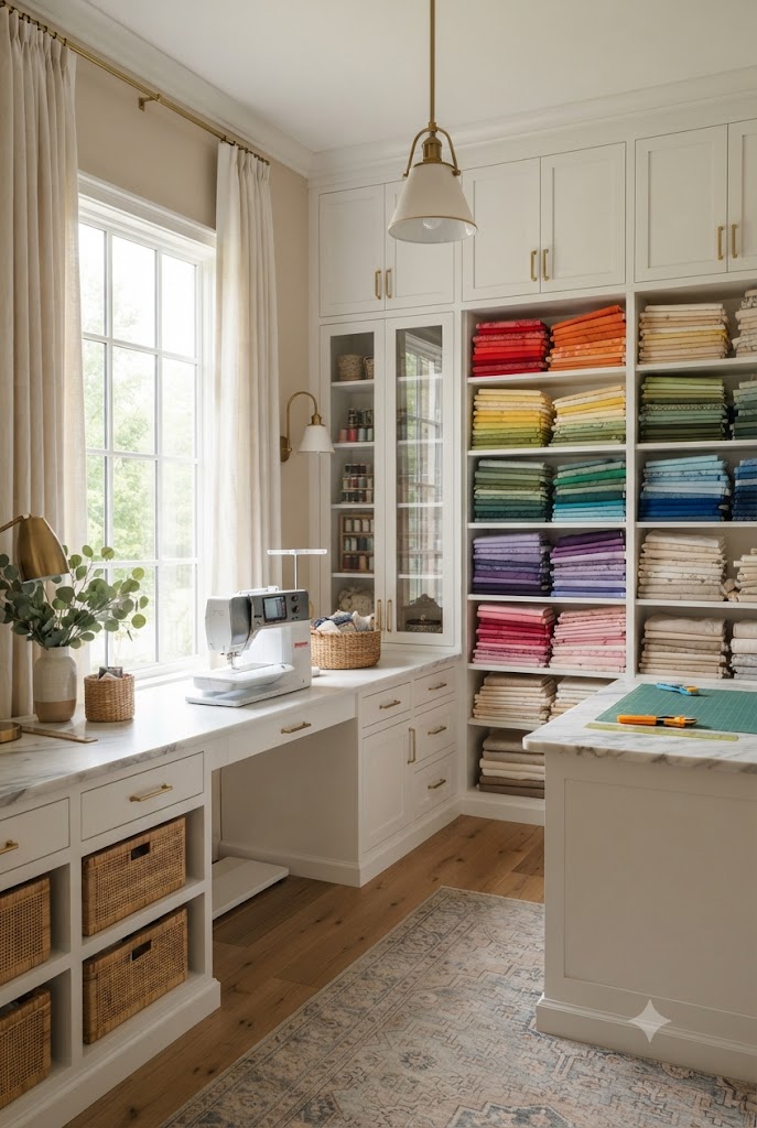 sewing room with Cutting Table and fabric storage