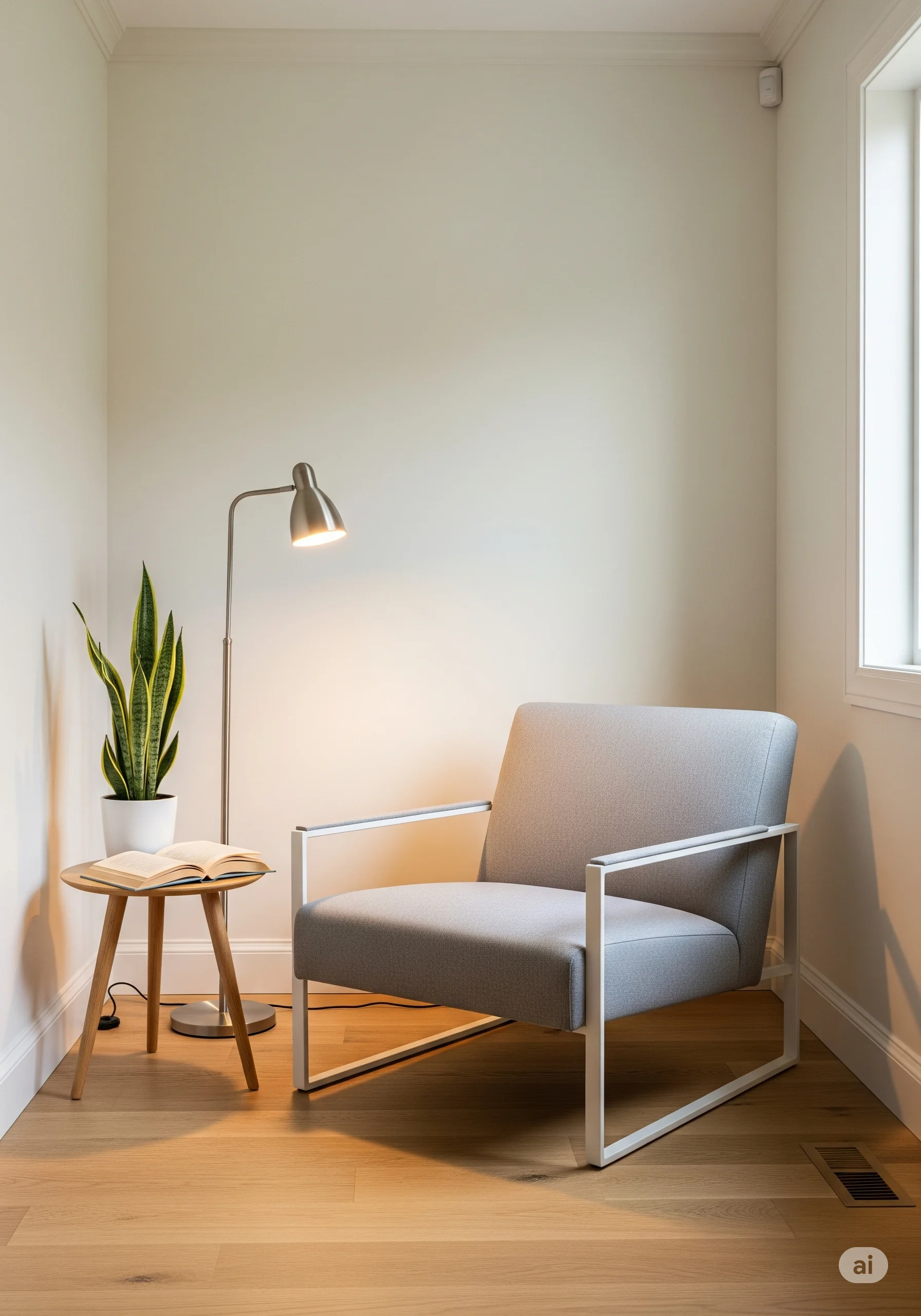 Reading Nook Ideas. A minimalist living room corner with a light grey armchair, a floor lamp, a snake plant, and a small wooden side table with a book.