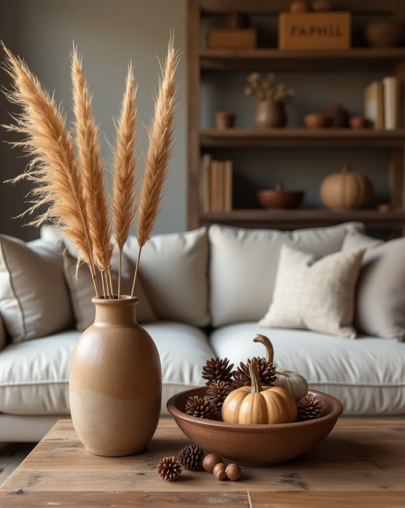A cozy living room scene with fall decor on a wooden coffee table, featuring a vase with dried pampas grass and a bowl with pumpkins and pinecones. 