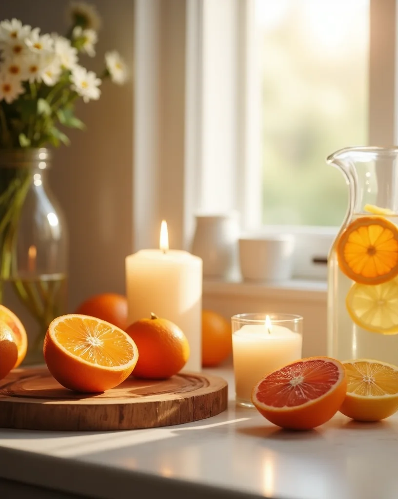 Burning candles and fresh oranges on a wooden surface near a window. 
