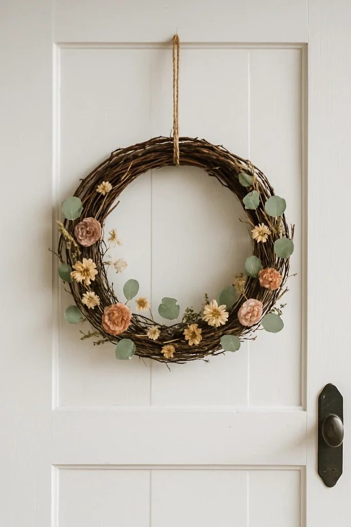 A grapevine wreath adorned with felt flowers and eucalyptus leaves hanging on a white door.