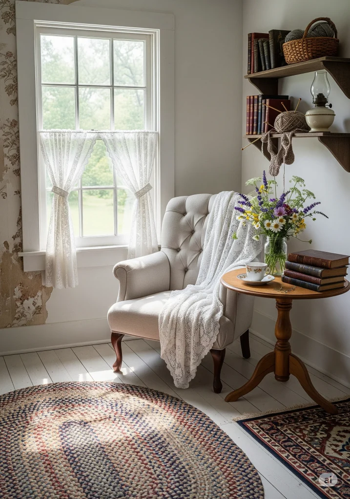 A cozy reading nook of Victorian Farmhouse with a pink tufted armchair, floral wallpaper, and a window with lace curtains, featuring a table with books and a teacup, and a bouquet of pink roses on a side table. 

