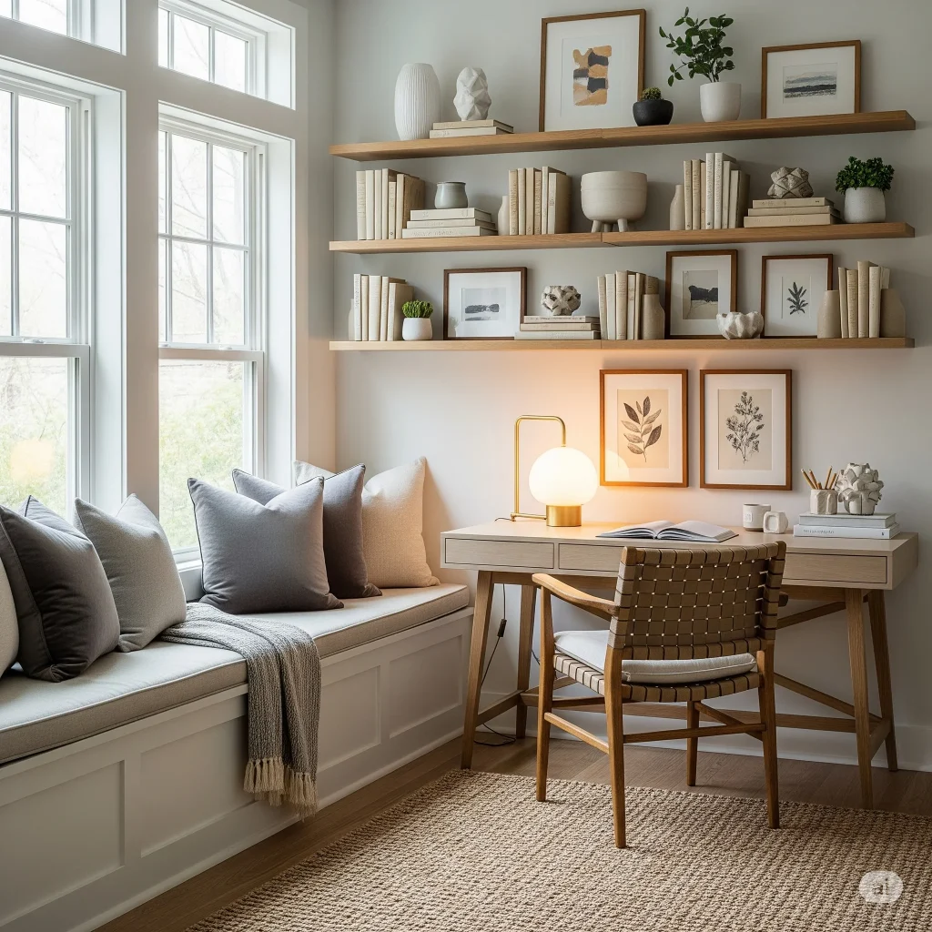 A cozy home office setup with a desk, chair, shelves, and a cozy window seat with pillows.