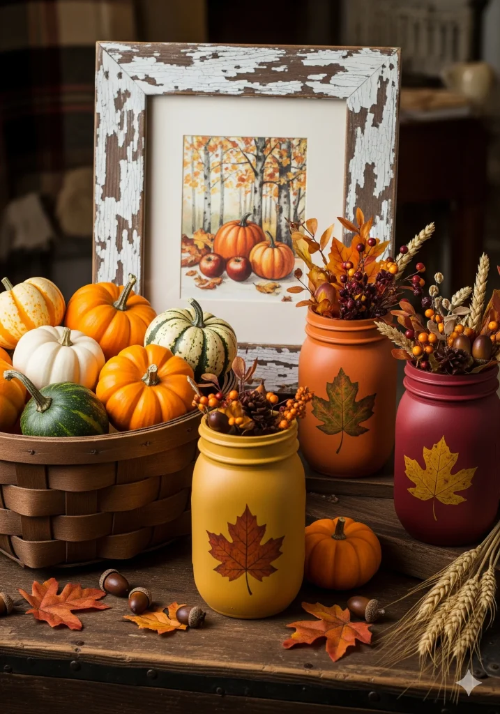 A rustic fall display featuring a basket of pumpkins and gourds, decorative fall-themed mason jars with foliage and berries, and a framed autumn landscape print.
