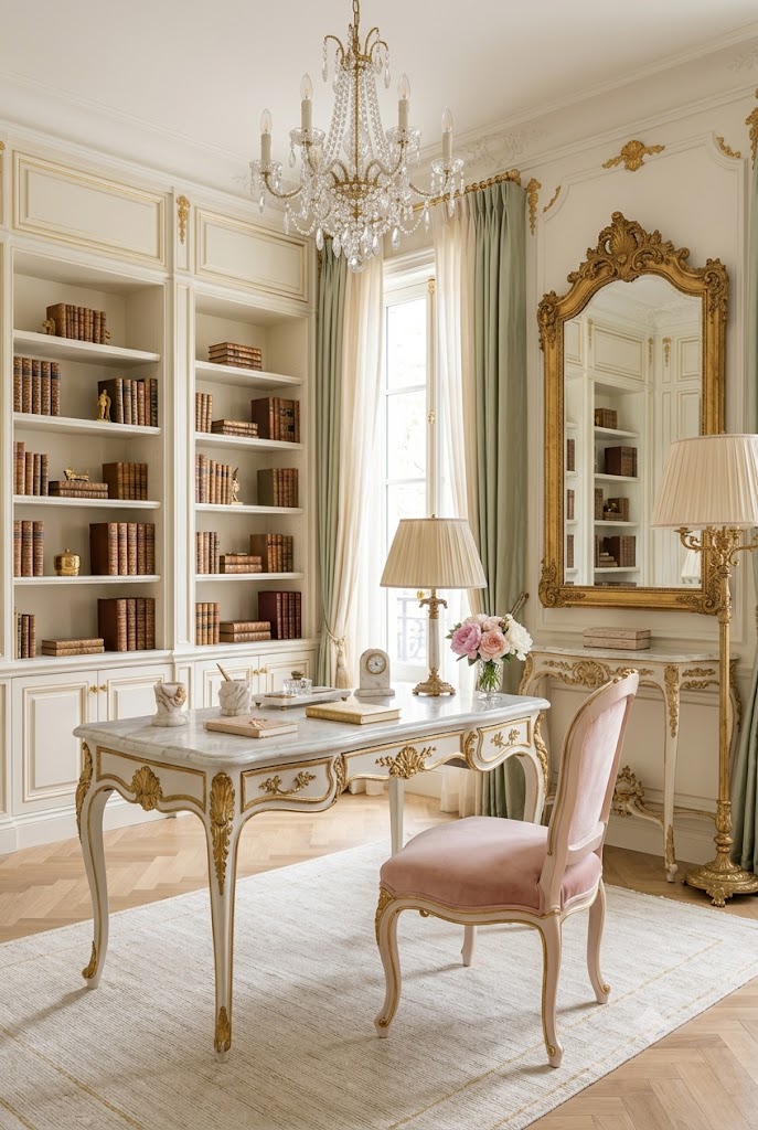 An elegant Rococo Revival home office 