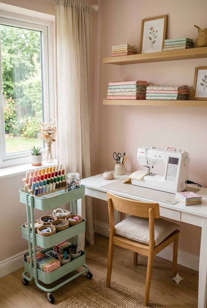small sewing nook with rolling cart organizer
