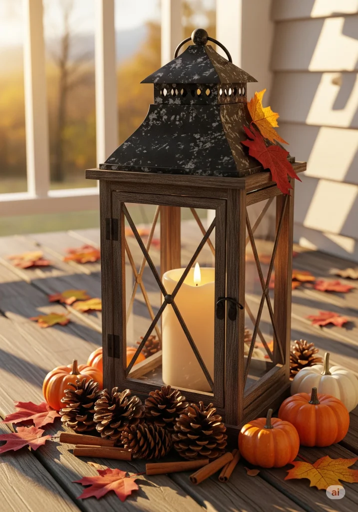 cozy candle display for Fall
A decorative lantern with a lit candle, surrounded by fall leaves and small pumpkins on a wooden deck.