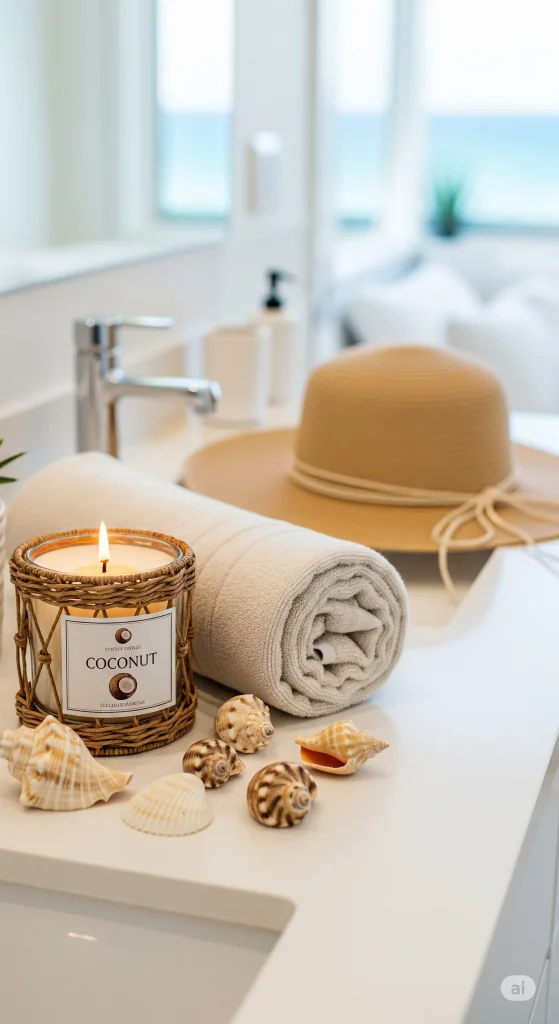 A lit coconut-scented candle, rolled towel, seashells, and a hat on a bathroom counter.