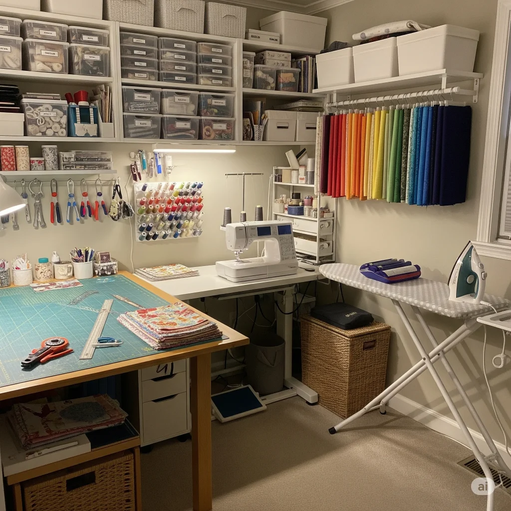 A well-organized crafting or sewing room with a sewing machine, ironing board, fabric storage, and various crafting supplies.