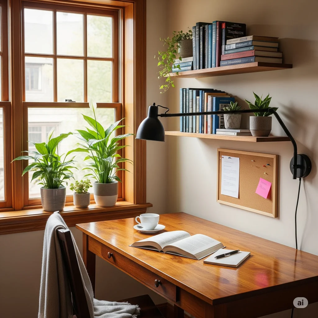A cozy home office with a wooden desk, plants, and bookshelves, illuminated by a large window and a desk lamp.